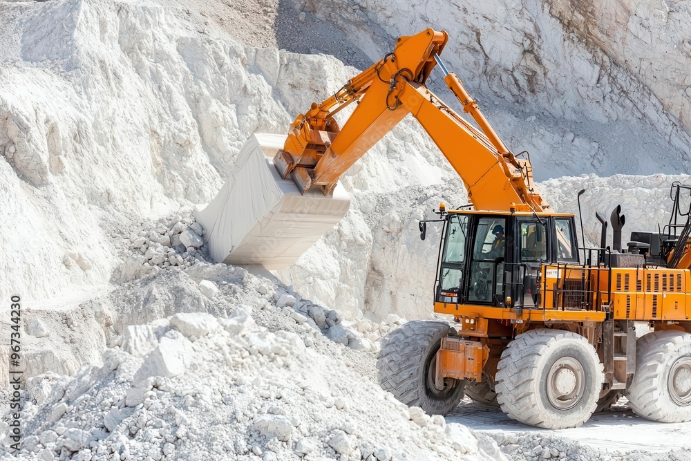 Obraz premium Heavy machinery loading cement materials at a quarry, Cement industry logistics, raw material handling