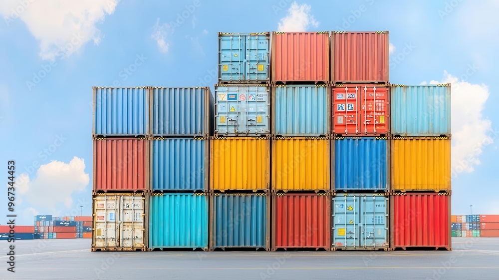 International cargo labels and markings on shipping containers stacked at a port, Global shipping, international trade International cargo labels and markings on shipping containers stacked at a port, Global shipping, international trade