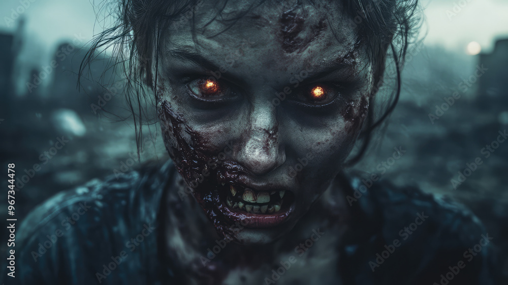 Female zombie face with half of her jaw exposed, teeth bared in a bloody snarl, with hollow, glowing eyes. Female zombie face with half of her jaw exposed, teeth bared in a bloody snarl, with hollow, glowing eyes.