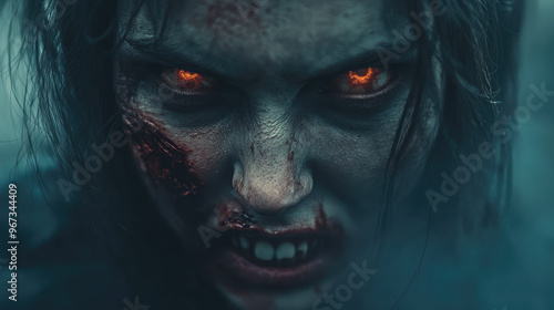 Female zombie face with half of her jaw exposed, teeth bared in a bloody snarl, with hollow, glowing eyes.