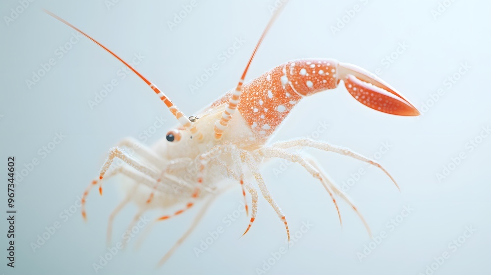 24. **A 3D render of a falling langoustine, its elongated body and delicate features contrasted with a pure white backdrop 24. **A 3D render of a falling langoustine, its elongated body and delicate features contrasted with a pure white backdrop