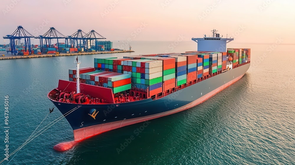 Fototapeta premium Massive freight ship anchored near an industrial port at dawn, Shipping transportation, logistics hub