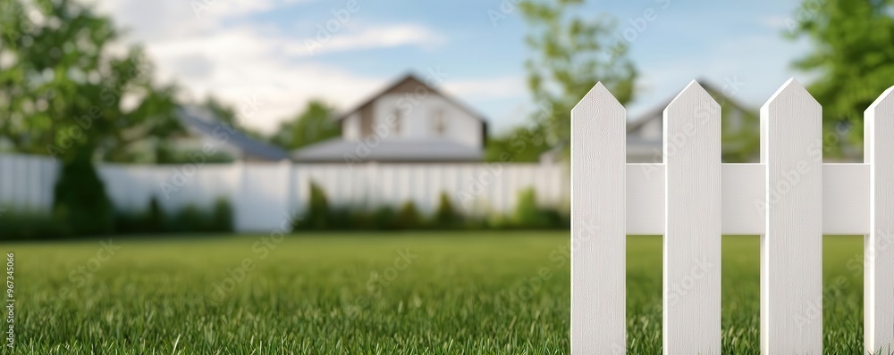 A tranquil suburban scene featuring a white picket fence, lush green lawn, and a beautiful house in the background. A tranquil suburban scene featuring a white picket fence, lush green lawn, and a beautiful house in the background.