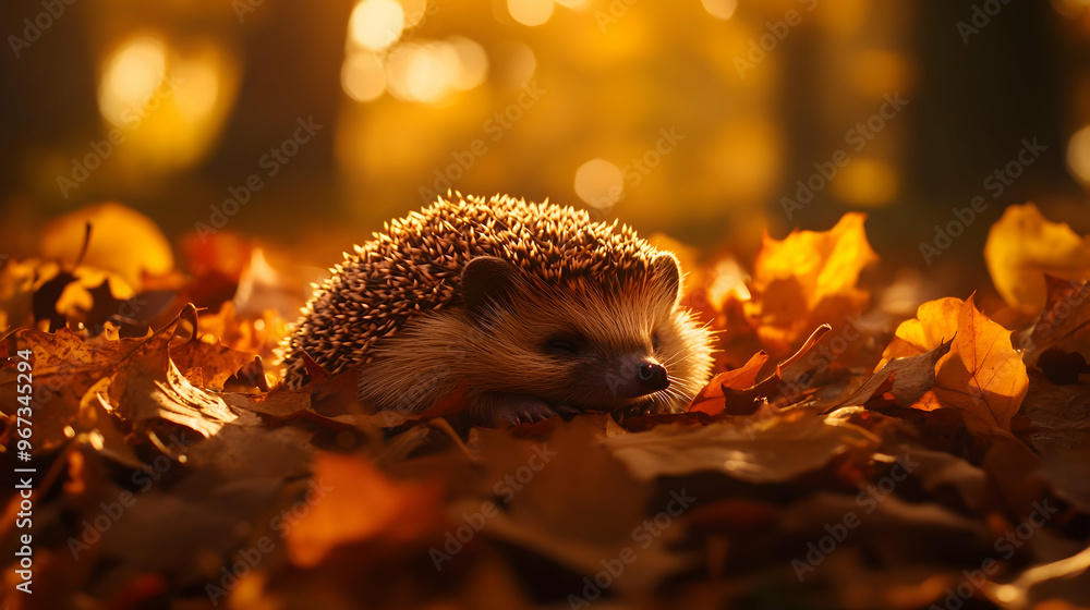 Fototapeta premium A small hedgehog curled up in a ball, resting peacefully on a soft bed of autumn leaves, warm light filtering through the trees