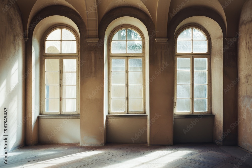 Soft sunlight fills the empty, historic room with tall, arched windows and a serene aura, casting long shadows on the worn wooden floor. Soft sunlight fills the empty, historic room with tall, arched windows and a serene aura, casting long shadows on the worn wooden floor.