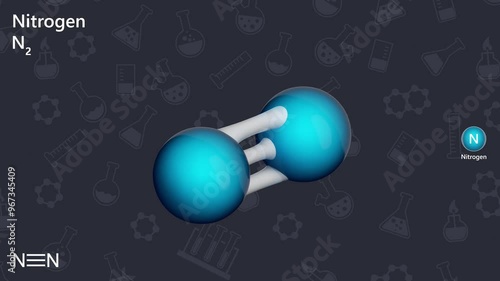 3d model of the nitrogen molecule (N2). Nitrogen gas N2 is colorless, odorless and tasteless, insoluble in water. 3d rendering. seamless loop.