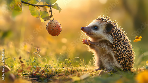 Hedgehog standing on its hind legs, playfully trying to reach a hanging fruit from a low branch in a bright, sunny meadow