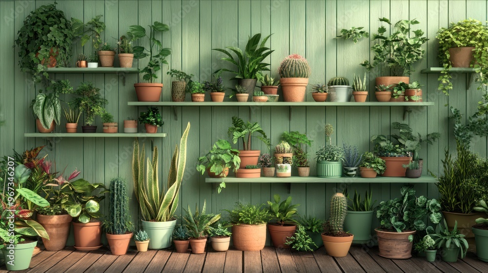 Green Wall with Planted Shelves Green Wall with Planted Shelves