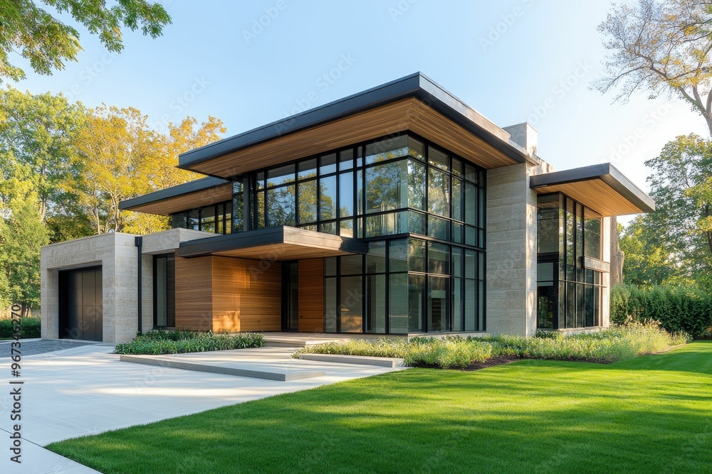Modern house with large windows and landscaped surroundings. Modern house with large windows and landscaped surroundings.