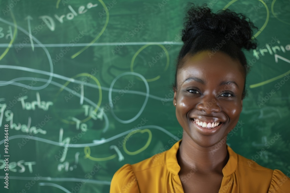 A joyful woman stands before a chalkboard, her bright smile reflecting enthusiasm and dedication in an educational environment. A joyful woman stands before a chalkboard, her bright smile reflecting enthusiasm and dedication in an educational environment.