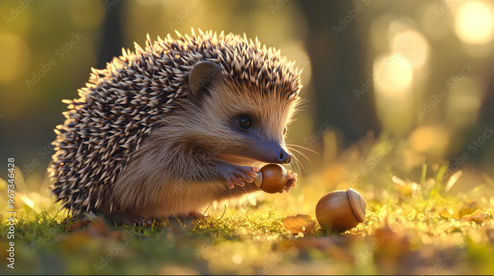 A hedgehog playfully pushing a small acorn with its nose, on a warm, sun-drenched patch of grass A hedgehog playfully pushing a small acorn with its nose, on a warm, sun-drenched patch of grass