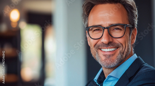 Happy middle aged professional business man, smiling mature executive ceo manager, 45 years old male entrepreneur, confident business owner wearing glasses in office. Headshot portrait