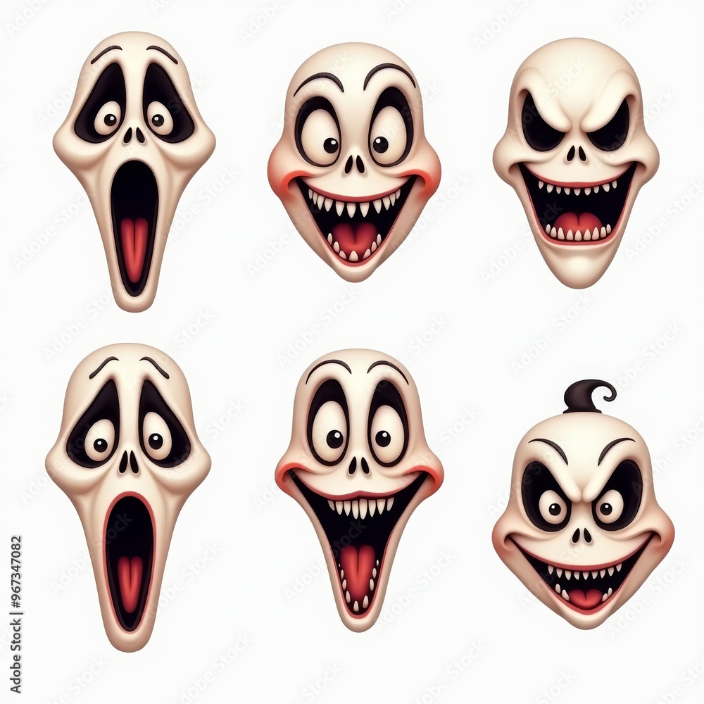 Six Cartoon Halloween Skull Faces - Excited and Scared Expressions Six Cartoon Halloween Skull Faces - Excited and Scared Expressions