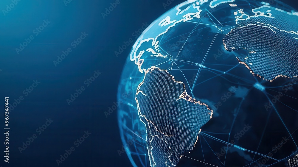 Obraz premium Satellite view of global shipping routes marked across oceans, Global trade, international commerce