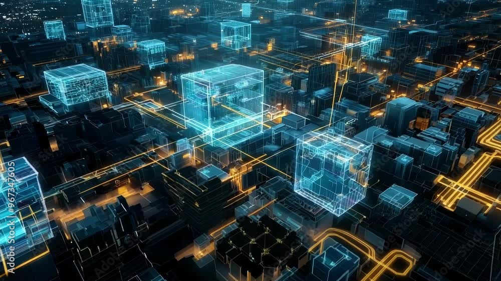 Complex network of interconnected buildings forming a futuristic cityscape, visualized with blue and orange neon lights Complex network of interconnected buildings forming a futuristic cityscape, visualized with blue and orange neon lights