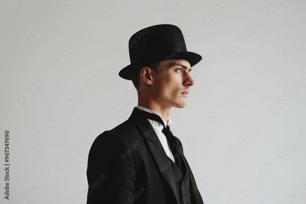 A sharp-dressed man in a classic black suit and top hat, profile view, exuding vintage charm and sophistication against a minimalist background. A sharp-dressed man in a classic black suit and top hat, profile view, exuding vintage charm and sophistication against a minimalist background.