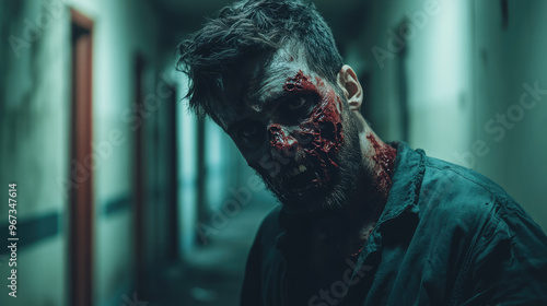 A man with a bloody face is standing in a hallway. The image has a creepy and unsettling mood, as the man's appearance is gory and disturbing