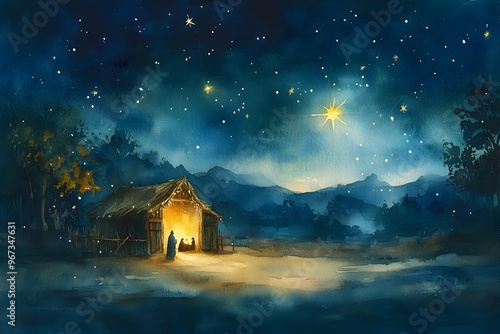 Peaceful Nativity Scene Under a Starry Winter Sky in Watercolor Painting