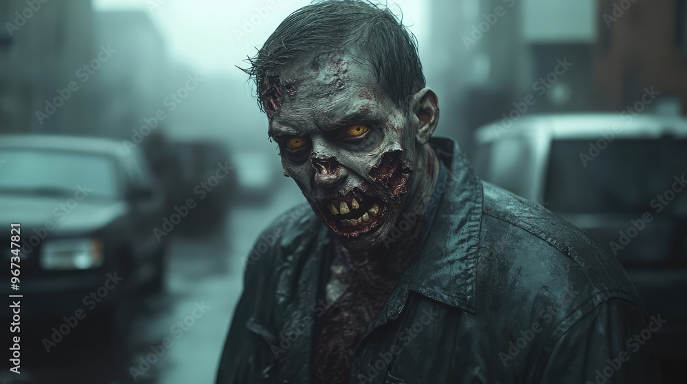 Male zombie face with its cheekbones exposed, teeth yellowed and broken, and sunken, lifeless eyes. Stands against a backdrop of a dark street. Male zombie face with its cheekbones exposed, teeth yellowed and broken, and sunken, lifeless eyes. Stands against a backdrop of a dark street.