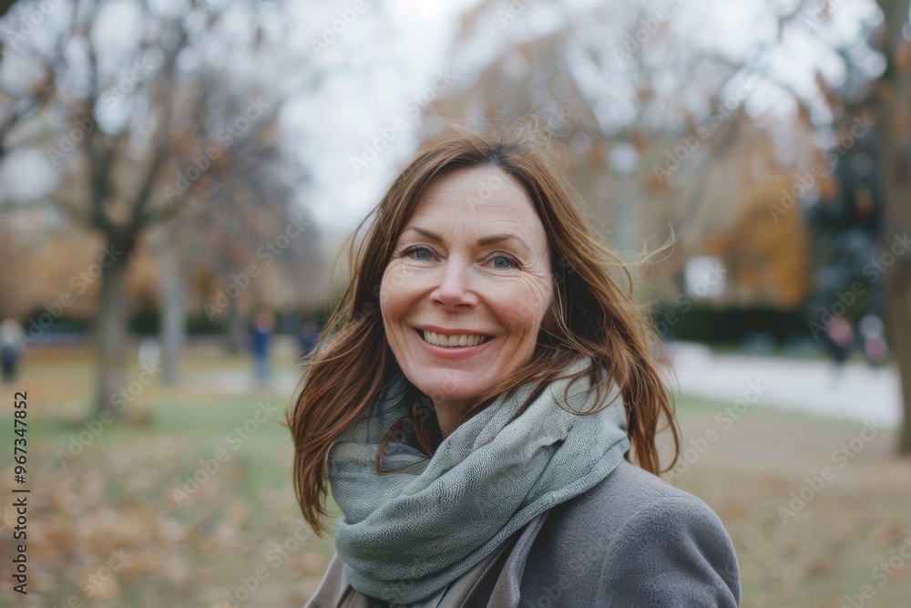 A woman in an autumnal park, smiling warmly with windswept hair and cozy scarf, embodying the essence of fall. A woman in an autumnal park, smiling warmly with windswept hair and cozy scarf, embodying the essence of fall.