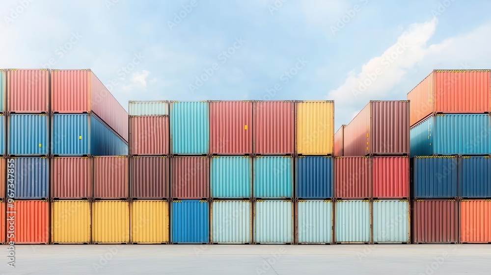 Stacks of containers labeled with global brands, ready for international shipping, Shipping industry, global trade Stacks of containers labeled with global brands, ready for international shipping, Shipping industry, global trade