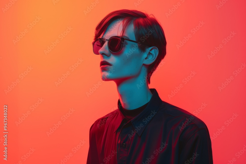 A stylish individual with short hair and sunglasses is bathed in a vibrant red-orange light, projecting a cool and modern vibe. A stylish individual with short hair and sunglasses is bathed in a vibrant red-orange light, projecting a cool and modern vibe.