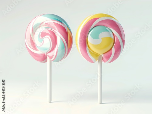 Two pastel lollipops, white background, front view, clean and simple vector illustration