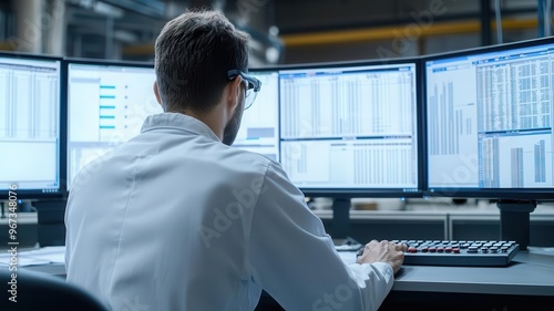 Technicians monitoring data screens in a control room of a cement factory, Cement process control, advanced monitoring