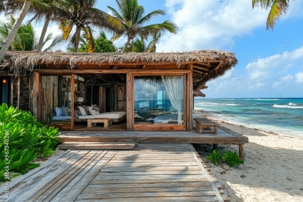 Tropical beach house with wooden deck and ocean view. Tropical beach house with wooden deck and ocean view.