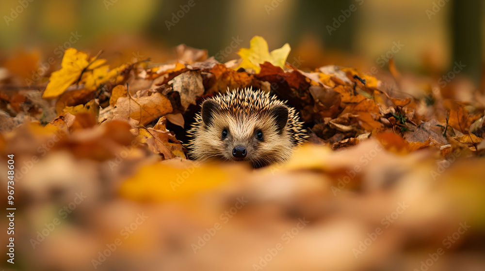 Hedgehog peeking out from under a pile of fallen leaves, its quills blending into the autumnal colors of the forest floor Hedgehog peeking out from under a pile of fallen leaves, its quills blending into the autumnal colors of the forest floor