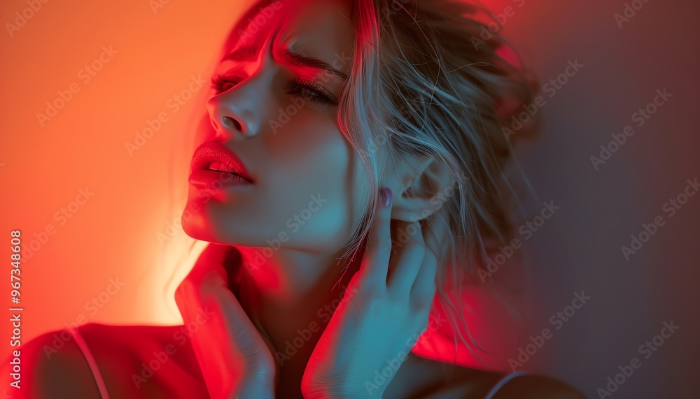 Woman with a pained expression, holding neck, red lighting accent, medical theme Woman with a pained expression, holding neck, red lighting accent, medical theme