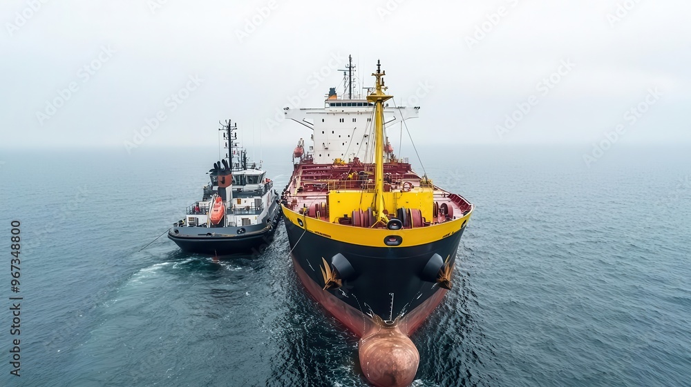 Tugboats pushing a massive ship toward a docking area under gray skies, Port logistics, shipping guidance Tugboats pushing a massive ship toward a docking area under gray skies, Port logistics, shipping guidance
