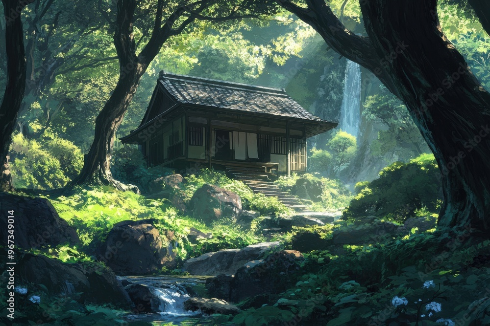 Charming tea house nestled in serene forest with peaceful waterfall and contemplative anime character in foreground Charming tea house nestled in serene forest with peaceful waterfall and contemplative anime character in foreground