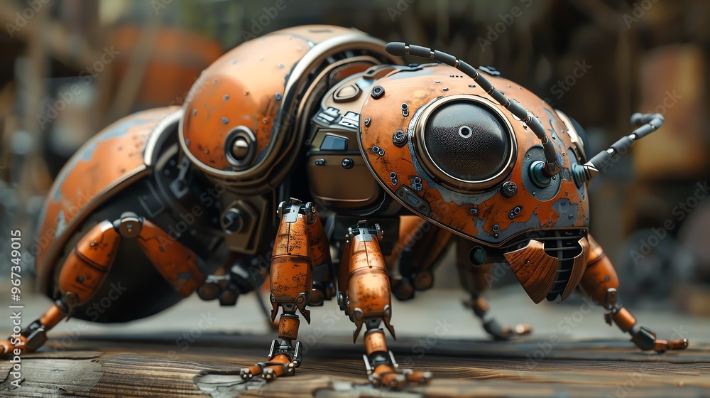 A detailed and futuristic robotic insect with mechanical components, showcasing advanced technology and intricate design. A detailed and futuristic robotic insect with mechanical components, showcasing advanced technology and intricate design.