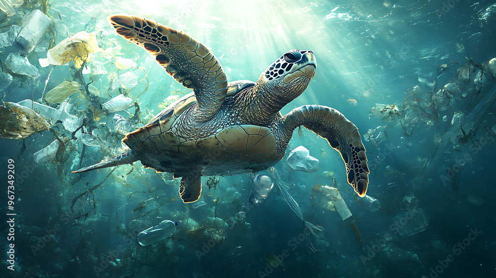 Obraz premium Plastic Ocean: Sea Turtle Entangled in a Web of Plastic Waste