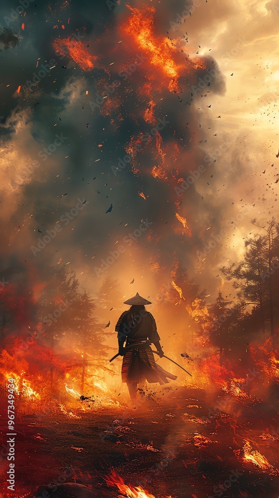Animestyle samurai battling shadows in a smoky, fiery battlefield, intense action scene Animestyle samurai battling shadows in a smoky, fiery battlefield, intense action scene