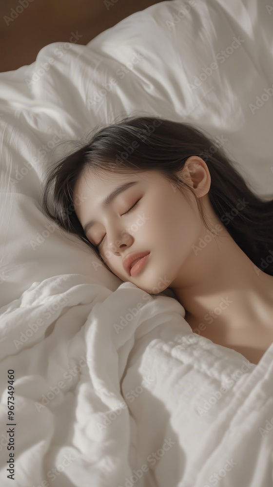 A peaceful young woman sleeping soundly in a cozy bed surrounded by soft white bedding during the morning light A peaceful young woman sleeping soundly in a cozy bed surrounded by soft white bedding during the morning light