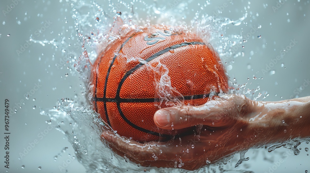 Artistic hand holding a basketball, with particles dispersing, on a white background Artistic hand holding a basketball, with particles dispersing, on a white background