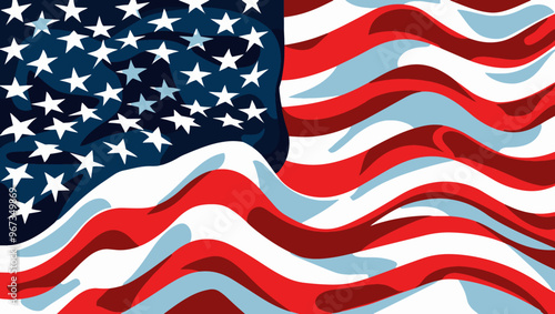 Abstrakte Darstellung der amerikanischen Flagge in Blau, Rot und Weiß, mit dynamischen Wellen und Stars and Stripes Symbolen