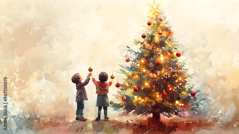 Children Decorating Festive Christmas Tree in Cozy Impressionistic Watercolor Painting Children Decorating Festive Christmas Tree in Cozy Impressionistic Watercolor Painting