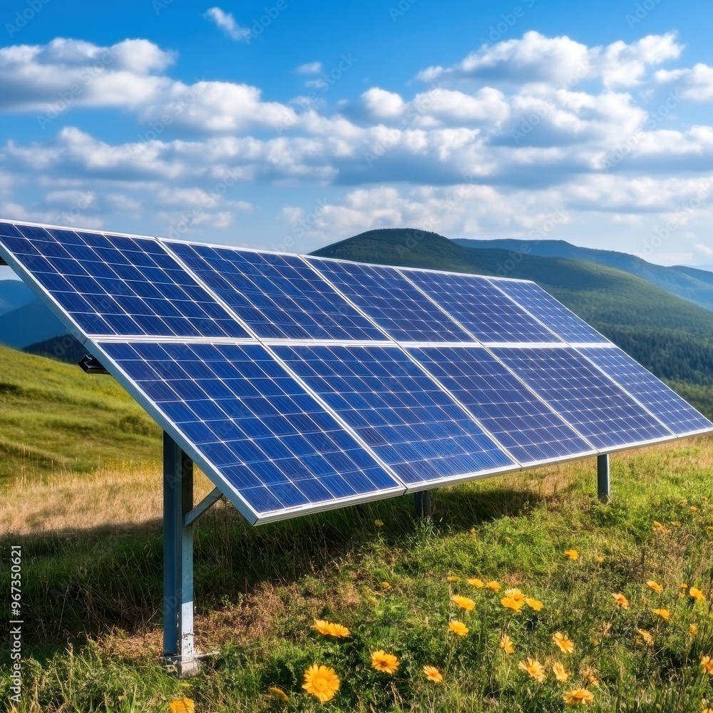 A solar panel installation on a sunny hillside, surrounded by green grass and vibrant flowers, showcasing renewable energy technology.
