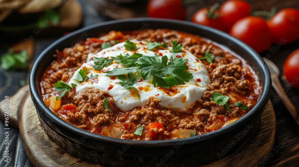 Kayseri Yaglama, a Turkish dish made with minced meat, yogurt, and tomato paste Kayseri Yaglama, a Turkish dish made with minced meat, yogurt, and tomato paste