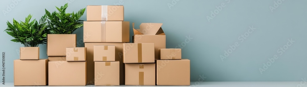 A stack of cardboard boxes beside a potted plant against a blue wall, perfect for illustrating shipping or moving concepts. A stack of cardboard boxes beside a potted plant against a blue wall, perfect for illustrating shipping or moving concepts.