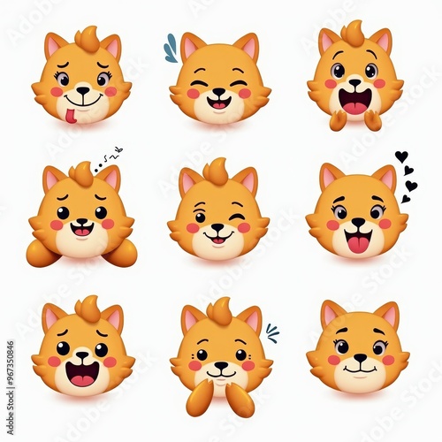 Cute Cartoon Fox Face Emoticons Set Illustration with Various Emoticons and Expressions