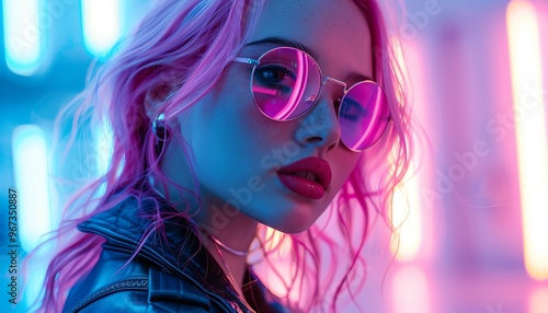 Futuristic woman in black leather, pink hair, neon lights, cyberpunk theme