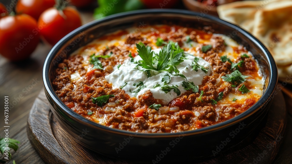 Kayseri Yaglama, a Turkish dish made with minced meat, yogurt, and tomato paste Kayseri Yaglama, a Turkish dish made with minced meat, yogurt, and tomato paste