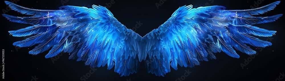 Obraz premium Glowing blue angel wings, dark background