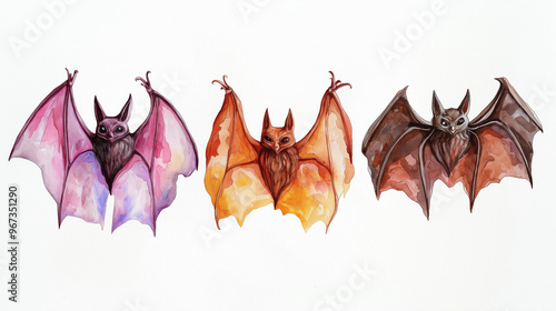 Three beautifully illustrated bats in vibrant colors showcasing unique designs and artistic flair for creative projects. photo