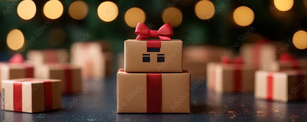 Festively wrapped gift boxes with red ribbons create a warm, inviting atmosphere perfect for holiday celebrations. Festively wrapped gift boxes with red ribbons create a warm, inviting atmosphere perfect for holiday celebrations.