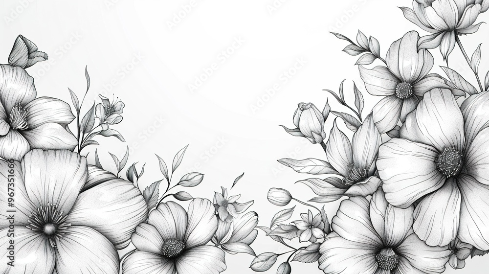 Black Line Hand-Drawn Sketch of Various Flowers on a White Background Black Line Hand-Drawn Sketch of Various Flowers on a White Background
